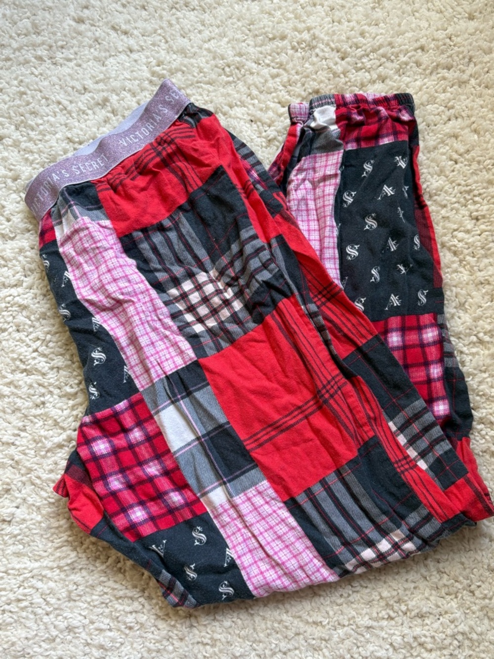 Victoria's Secret Red, Pink & Black Patchwork Flannel Lounge Pants
